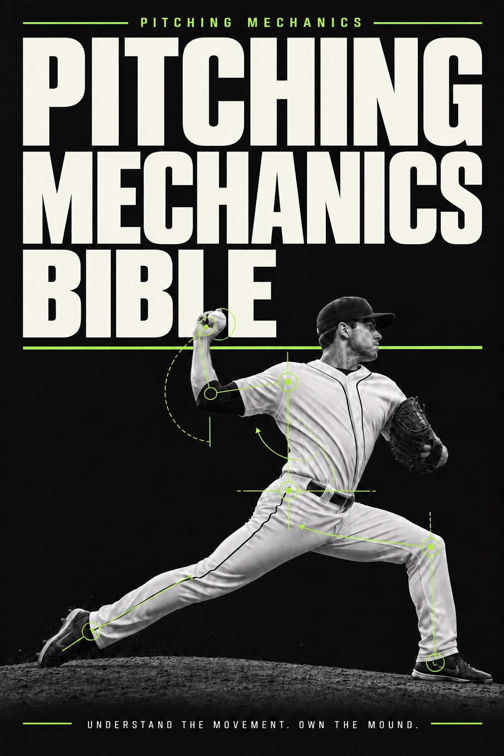 Pitching Mechanics Bible cover, with a pitcher and orange movement annotations